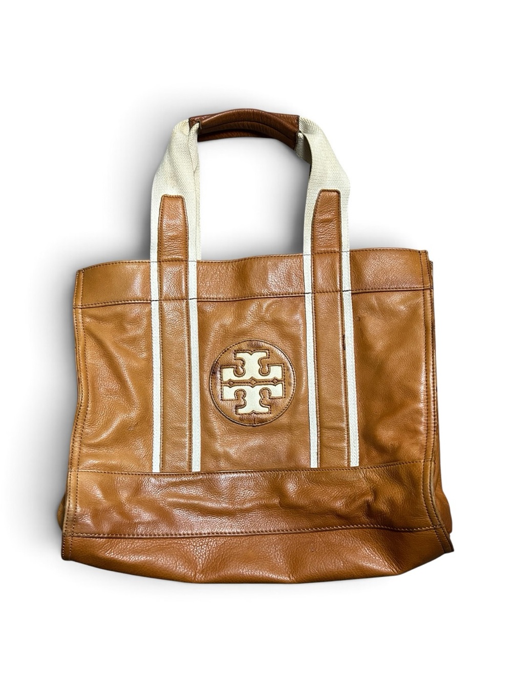 Tory Burch Ella Stripe Leather Classic Tote Bag Tan
